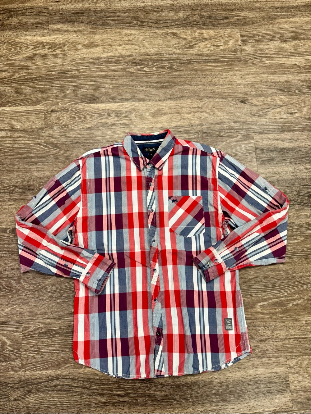 A Tiziano Mens 2X Red Blue Plaid Cotton Long Sleeve Button Down Shirt